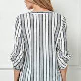 3/4 Button Tab Sleeve Button Placket Front V-Neck Popover Blouse