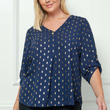 3/4 Button Tab Sleeve Button Placket Front V-Neck Popover Blouse with Diamond Foil Overlay - Plus