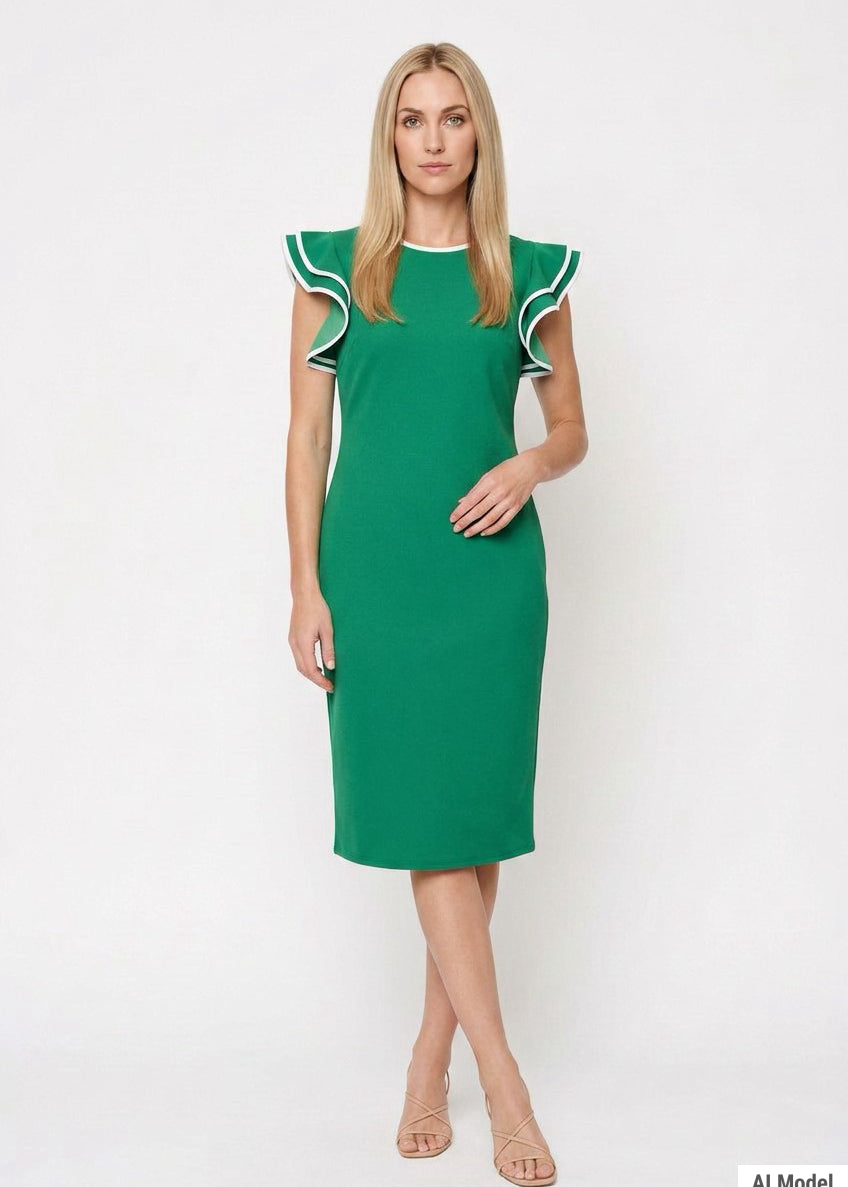 emerald green ruffle dress Sleeve with Contrast Tipping – Dressbarn KissProm Blue Spaghetti Straps Button keyhole back vintage style gown COLOR:Amethyst