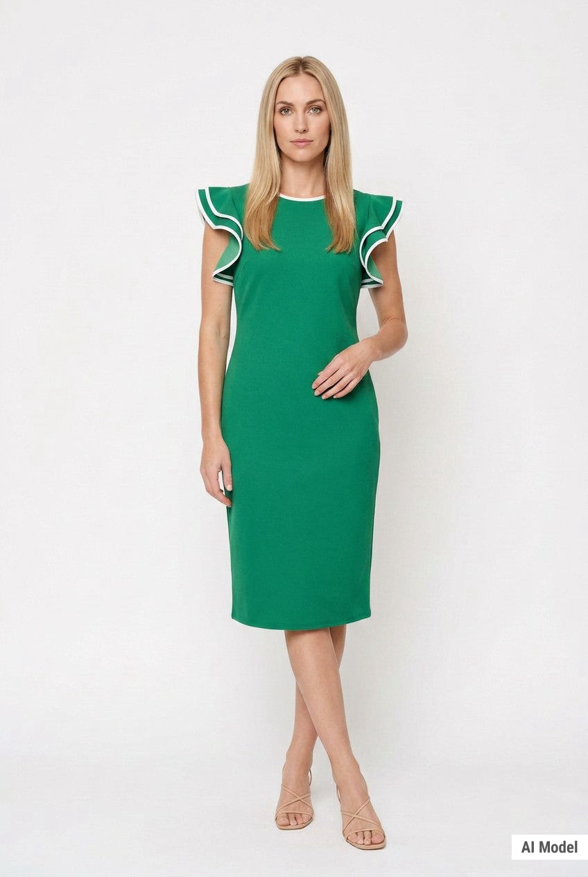 Blonde female model wearing an emerald green scuba crepe sheath dress with ruffle sleeves and white contrast tipping; midi
