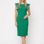 Blonde female model wearing an emerald green scuba crepe sheath dress with ruffle sleeves and white contrast tipping; midi