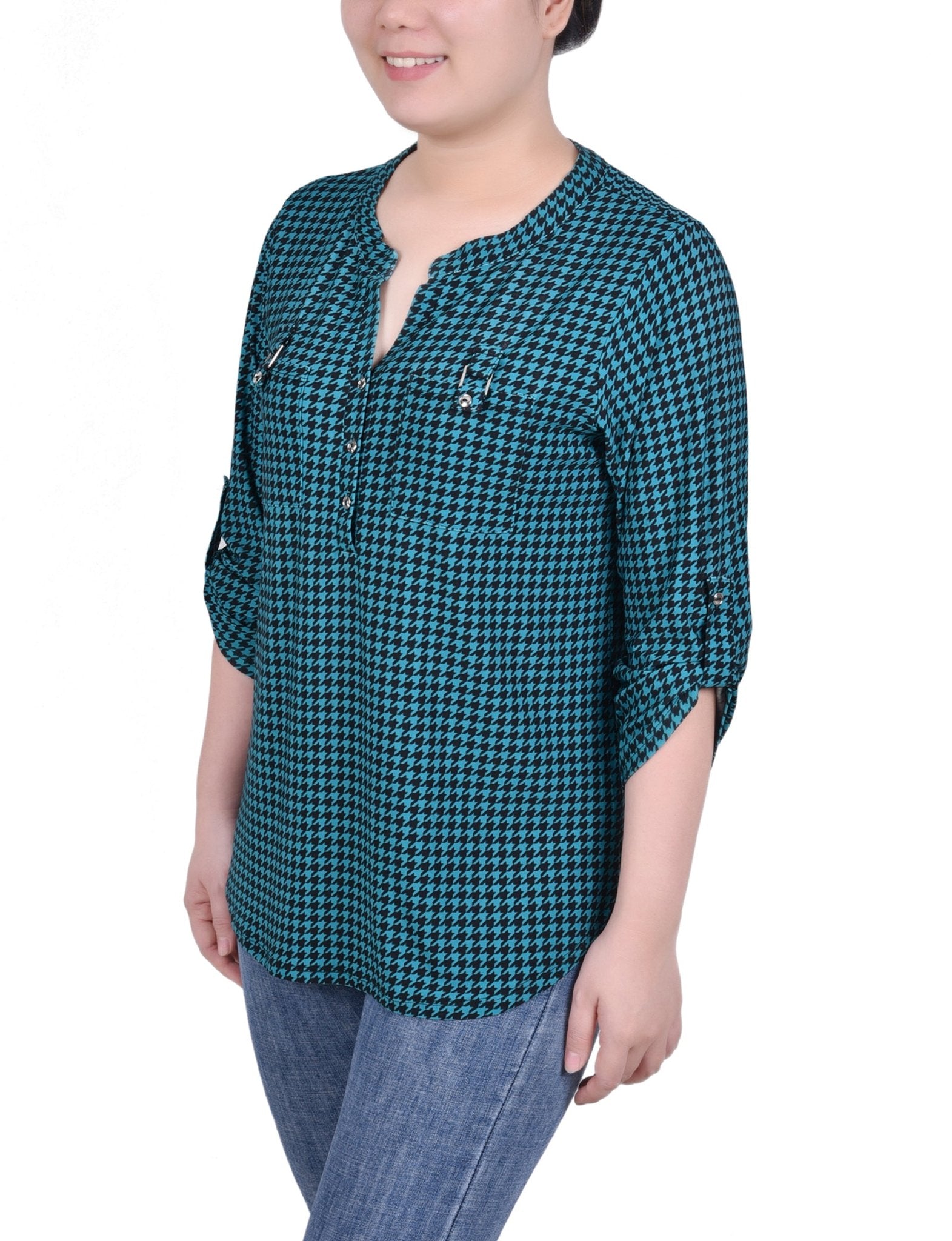 Fanfare Black Houndstooth Long Tab - Sleeve Top With Pockets - DressbarnBlouses
