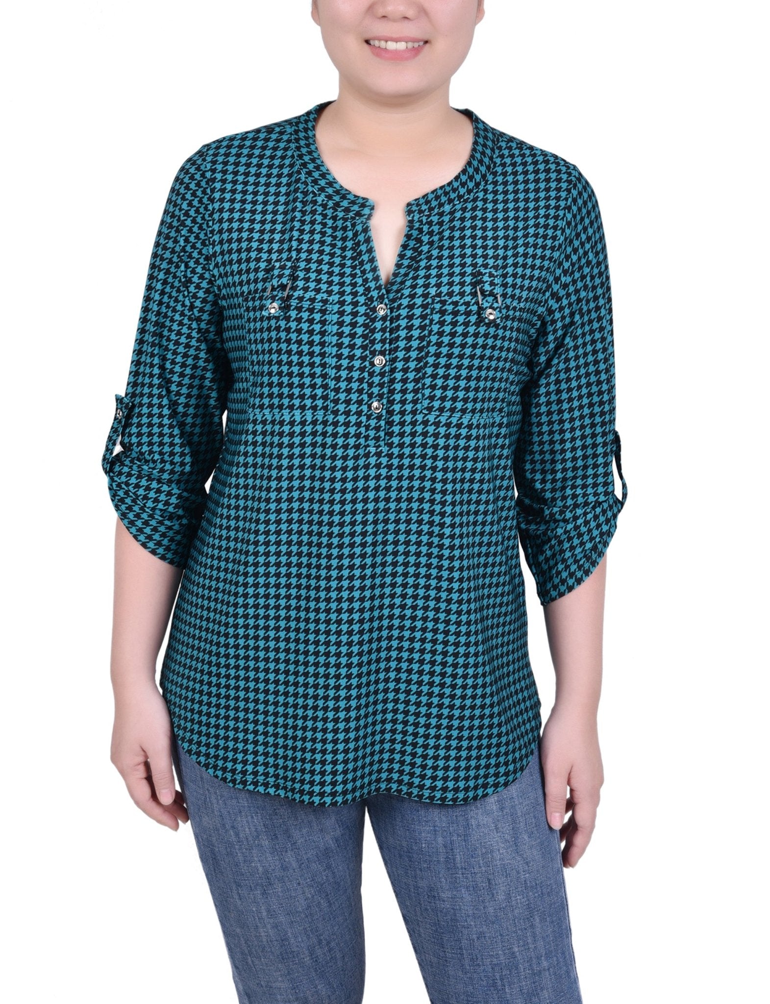 Fanfare Black Houndstooth Long Tab - Sleeve Top With Pockets - DressbarnBlouses