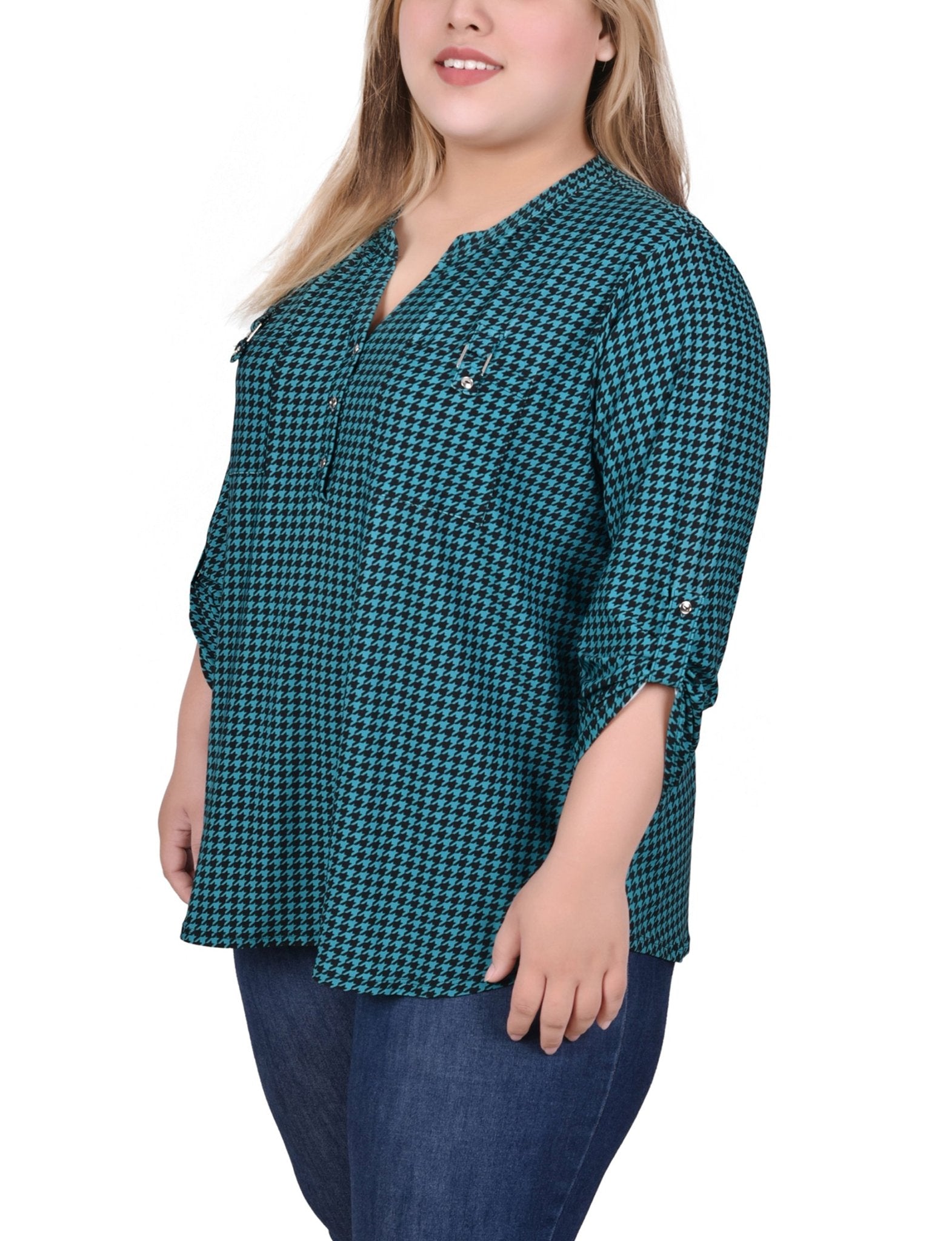 Fanfare Black Houndstooth Long Tab - Sleeve Top With Pockets - Plus - DressbarnBlouses