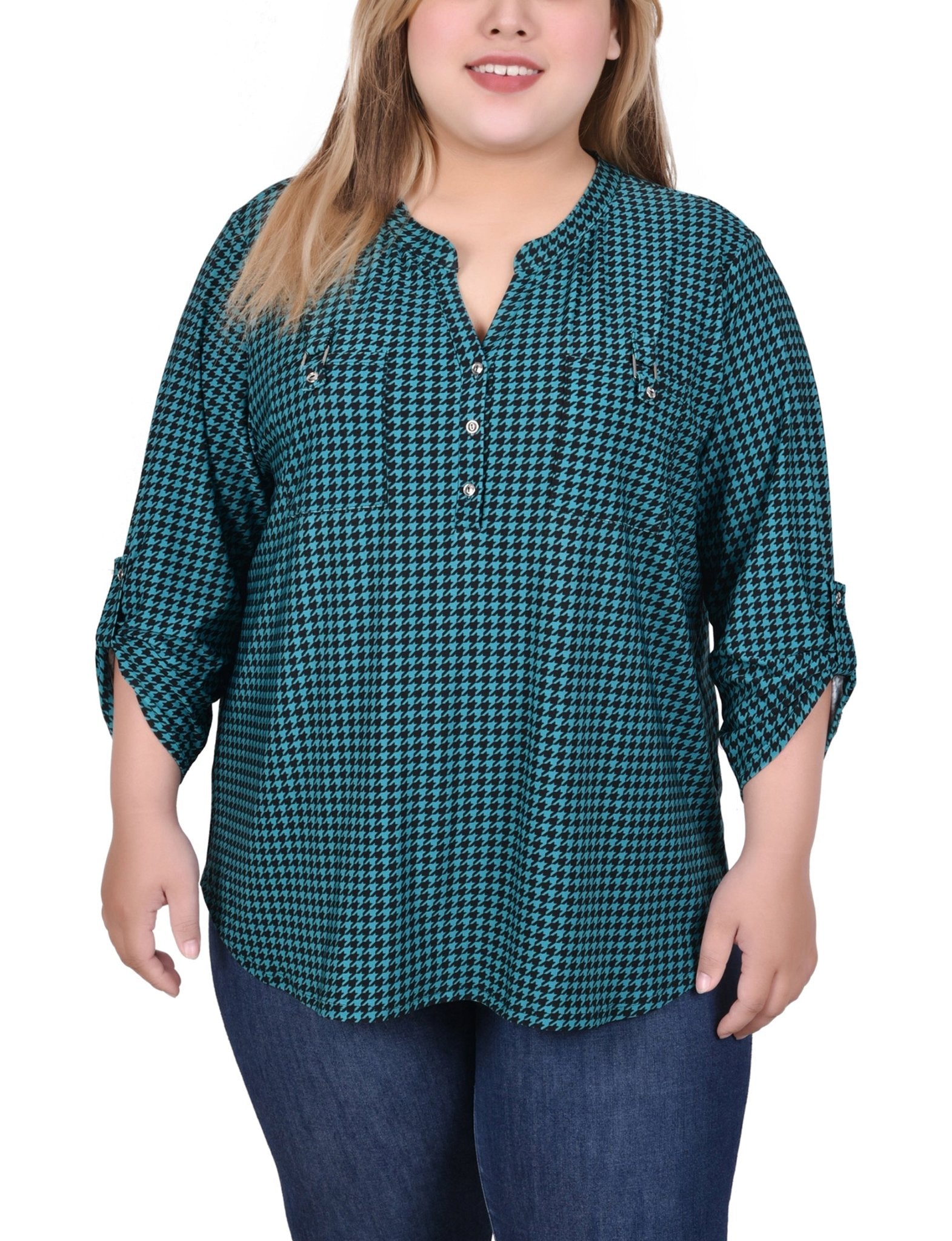 Fanfare Black Houndstooth Long Tab - Sleeve Top With Pockets - Plus - DressbarnBlouses