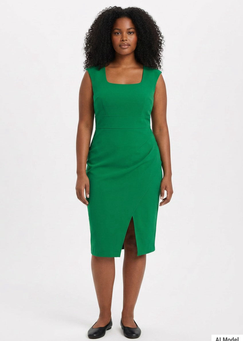 Plus-size model wears an emerald green sleeveless sheath dress with square neckline, high-waist band, and front slit; front