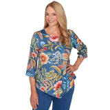 Alfred Dunner Floral Print Pointed Hem Top with Necklace- Petite