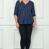 3/4 Button Tab Sleeve Button Placket Front V-Neck Popover Blouse with Diamond Foil Overlay - Plus