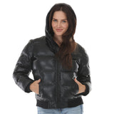 Women's Hooded Faux Leather Puffer Jacket