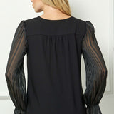 Long Ruffle Sleeve Cutout Removable Trim Fromt Boat Neck Mix Media Blouse