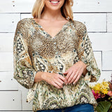 Figueroa & Flower 3/4 Sleeve Animal Print Peasant Blouse - DressbarnShirts & Blouses