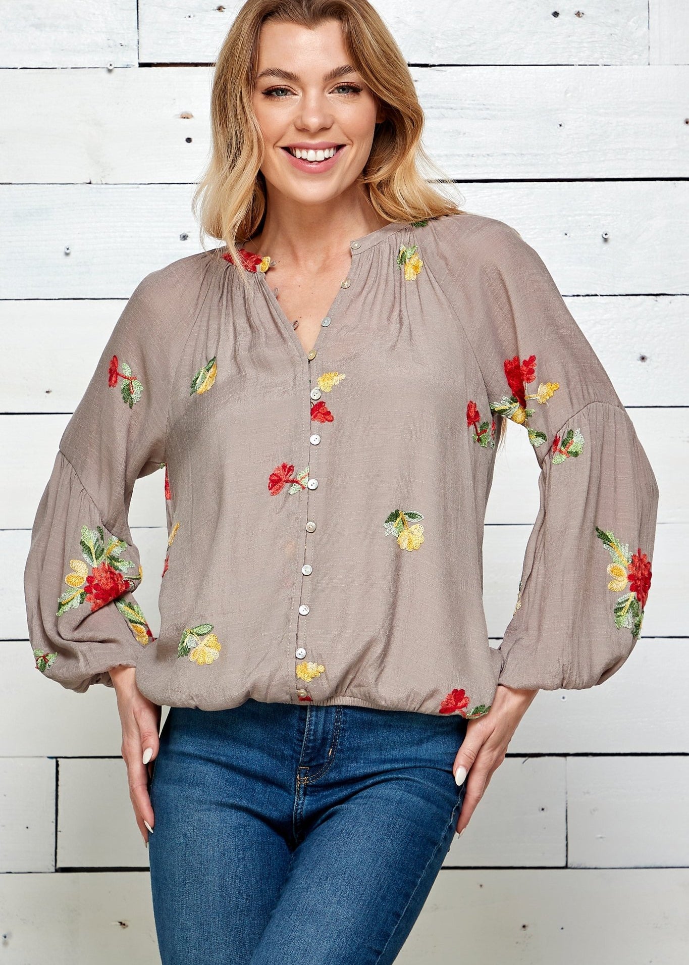 Figueroa & Flower 3/4 Sleeve Embroidered Peasant Blouse - DressbarnShirts & Blouses