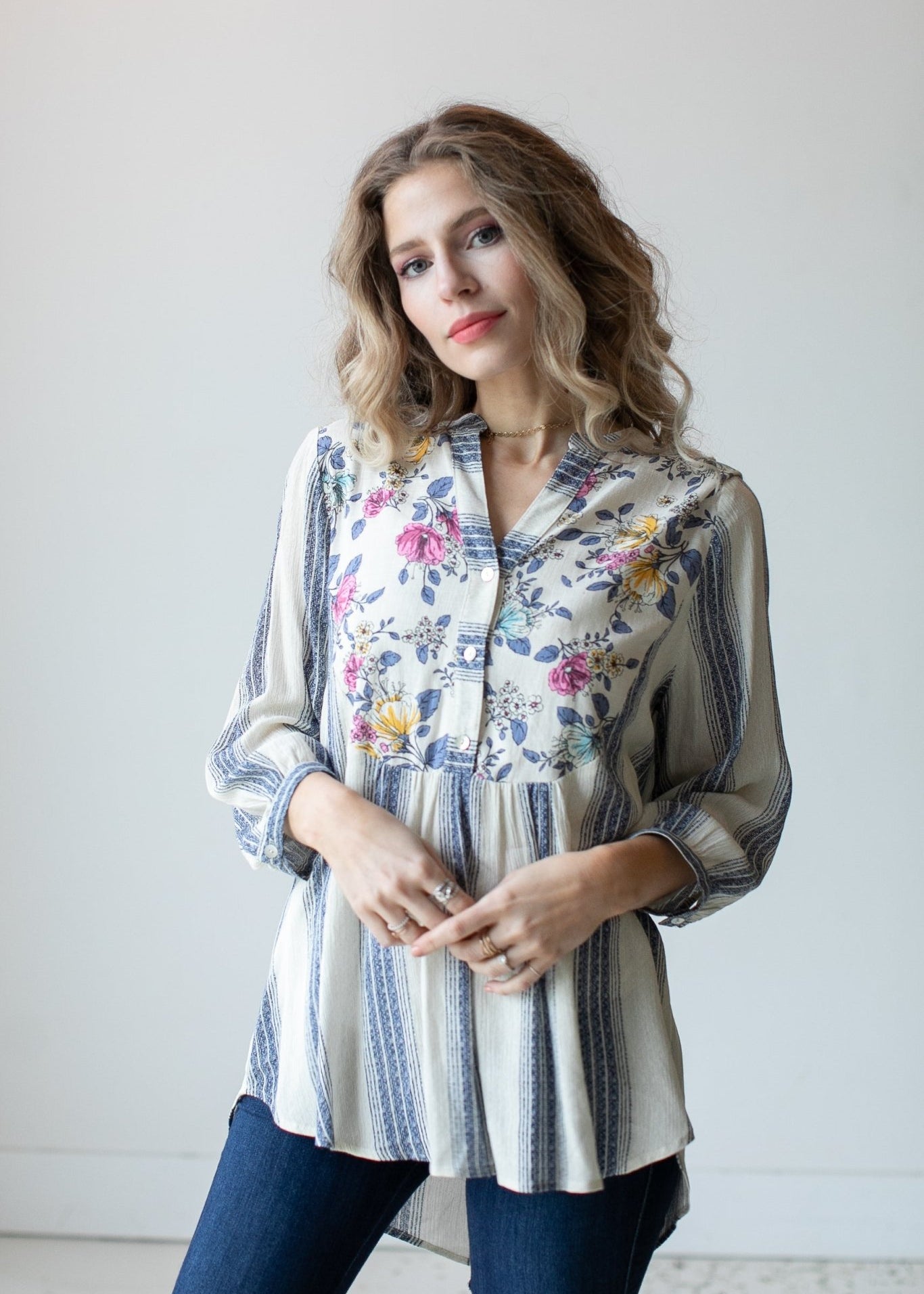 Figueroa & Flower 3/4 Sleeve Floral Printed Stripe Blouse - DressbarnShirts & Blouses