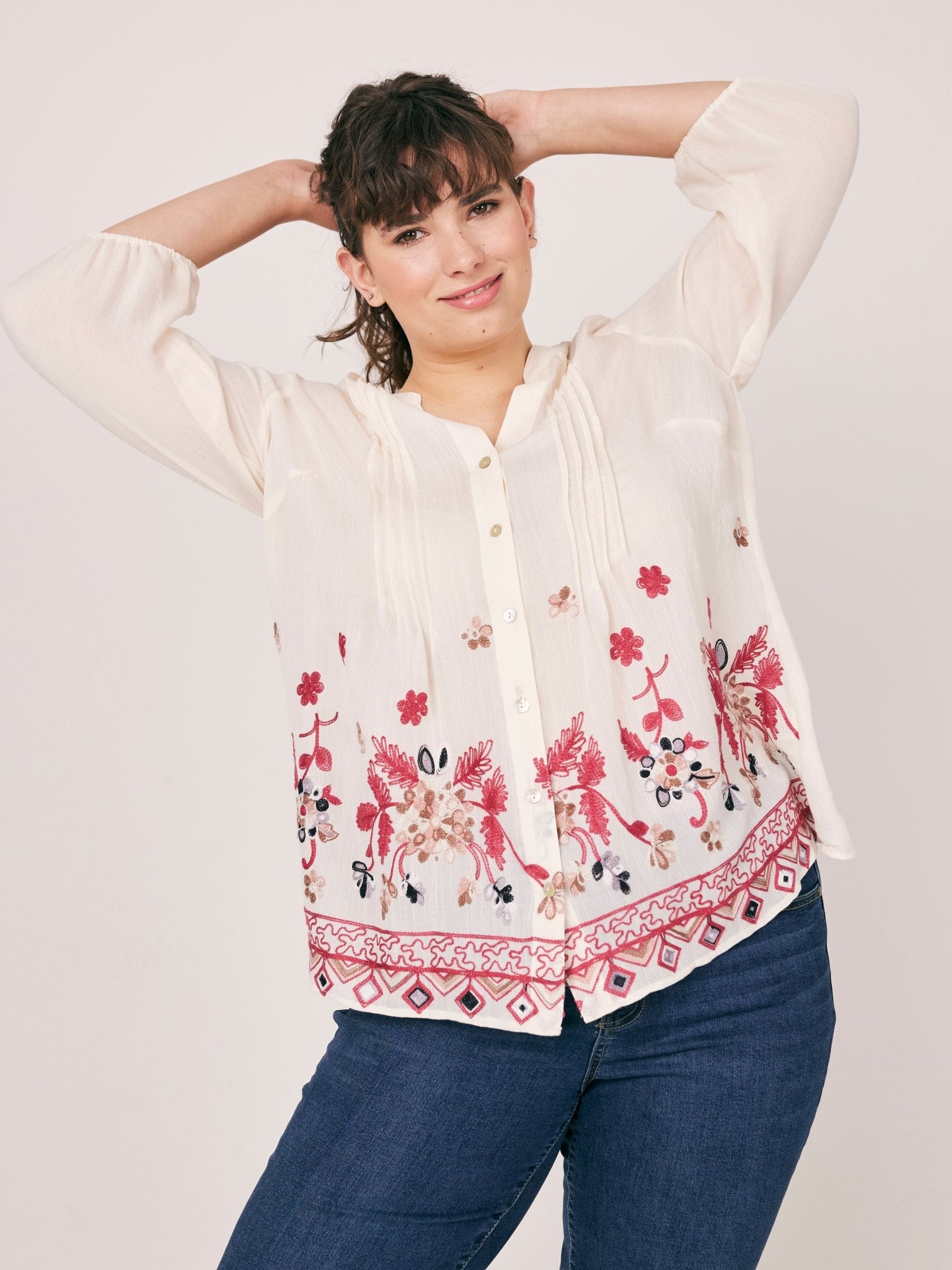 Figueroa & Flower 3/4 Sleeves Embroidered Hem Blouse - Plus - DressbarnShirts & Blouses