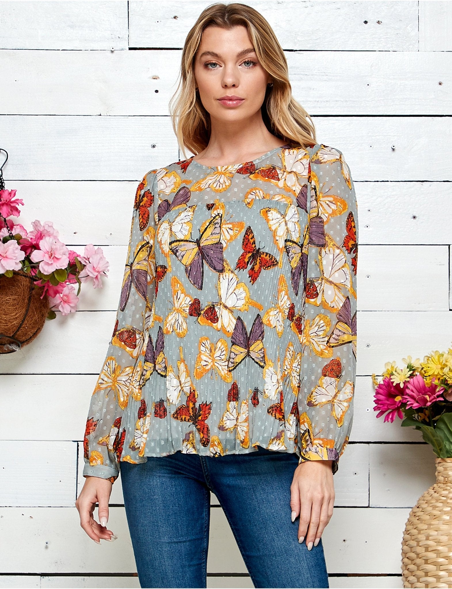Figueroa & Flower Pleated Print Blouse - DressbarnShirts & Blouses