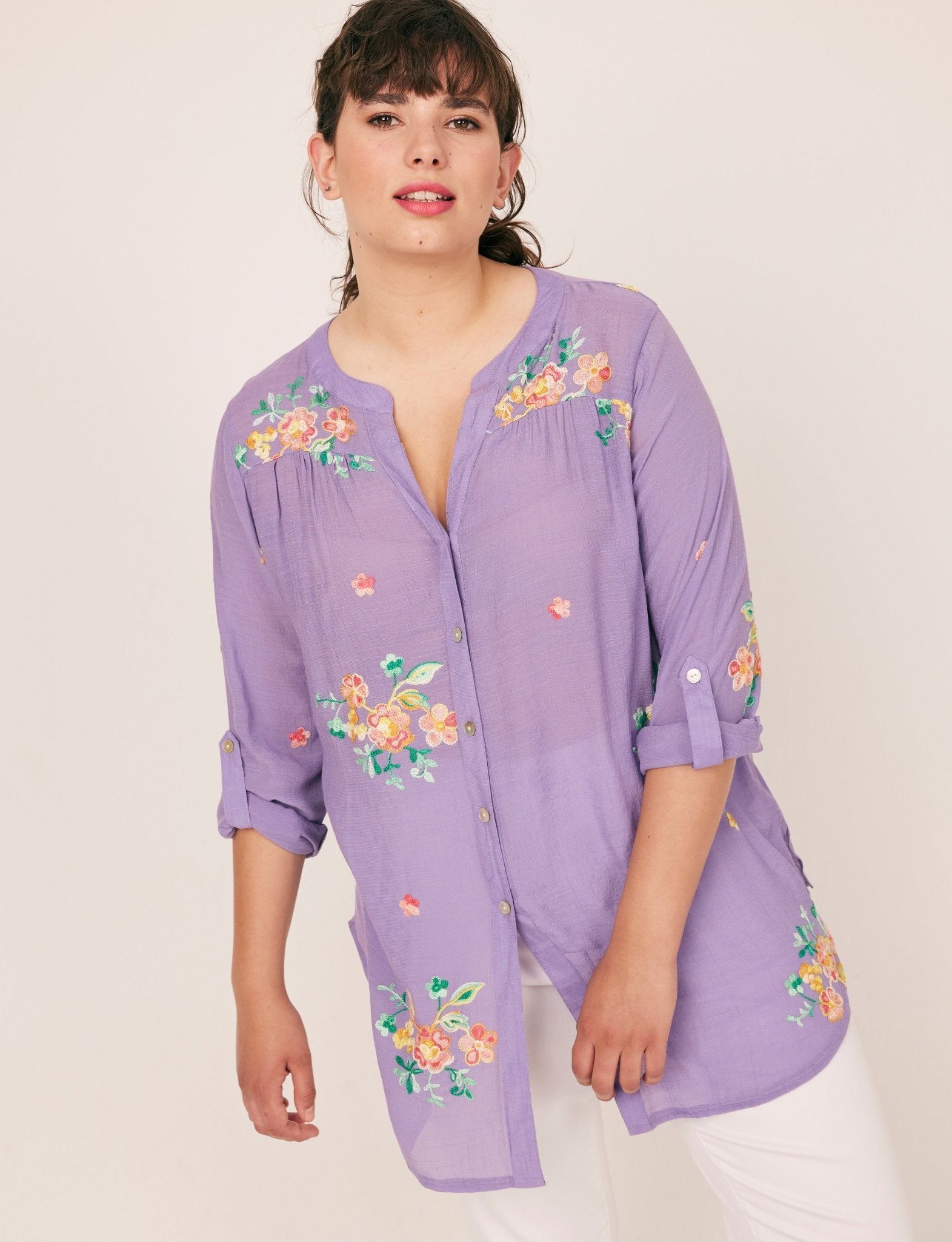 Figueroa & Flower Roll Tab Sl Multicolored Blouse - Plus - DressbarnShirts & Blouses