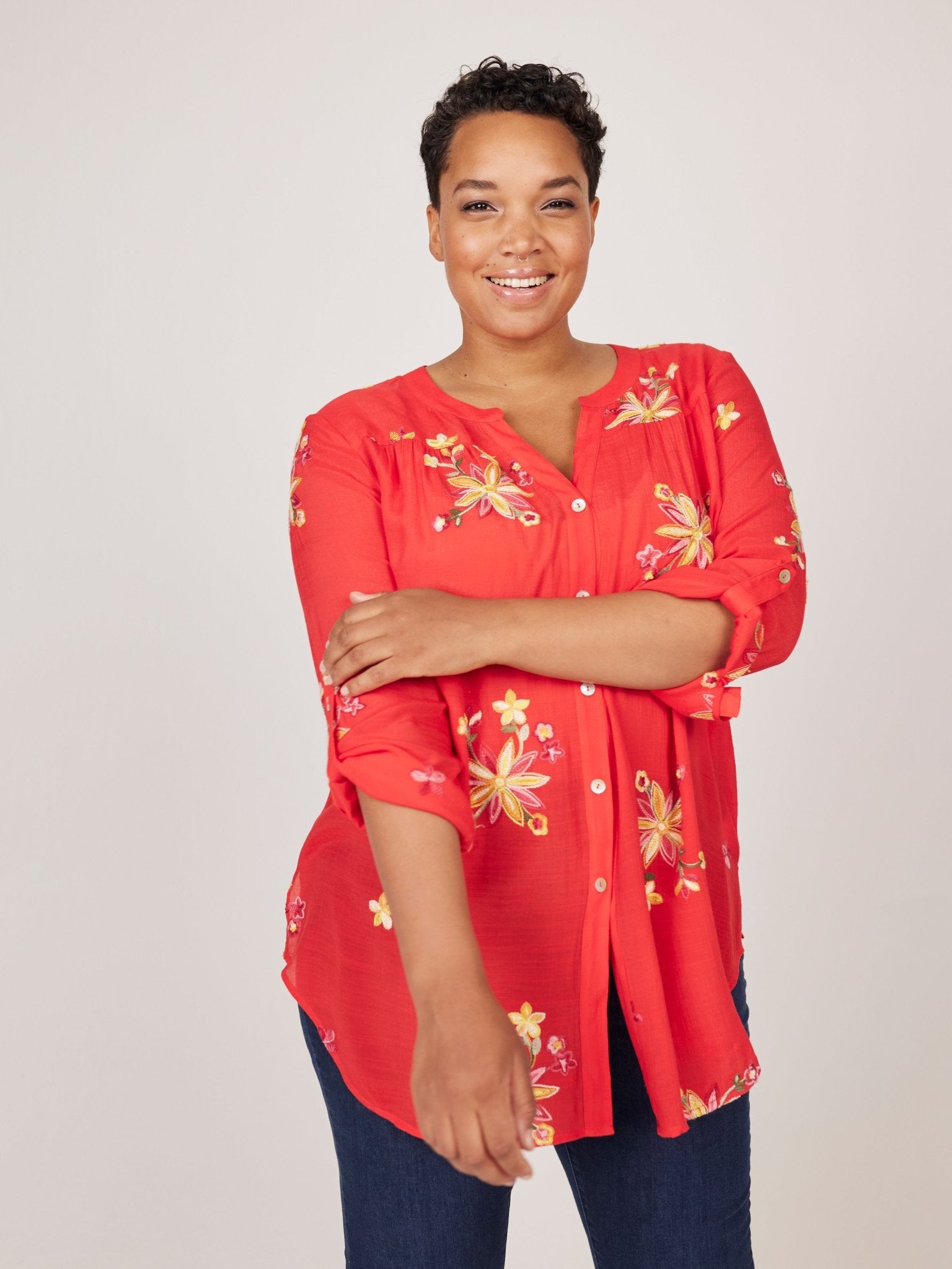 Figueroa & Flower V-Neck Embroidered Blouse - Plus - DressbarnShirts & Blouses