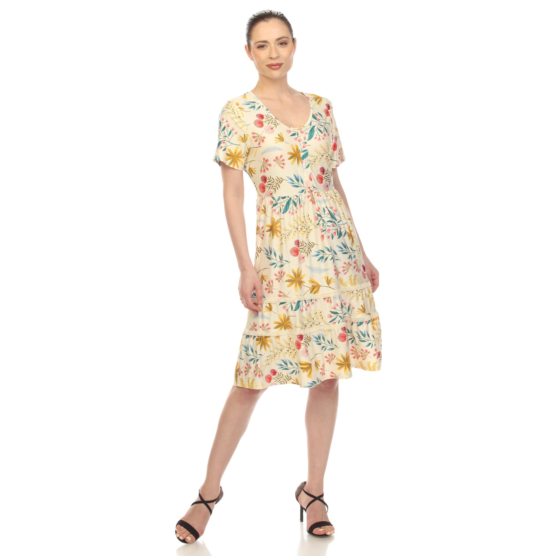 White Mark Women's Floral Short Sleeve Knee Length Dress, Beige, XL