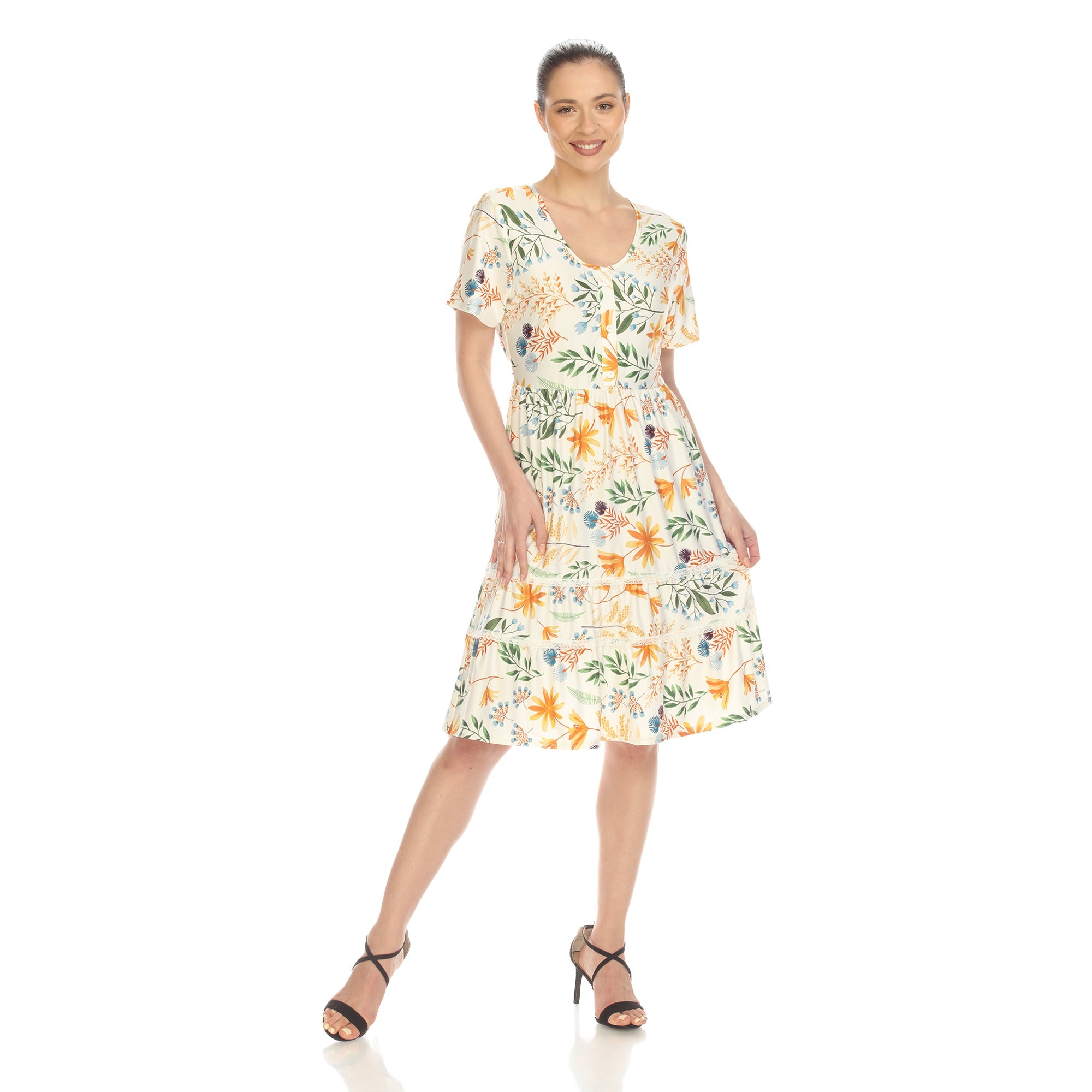 White Mark Women's Floral Short Sleeve Knee Length Dress, Beige, XL