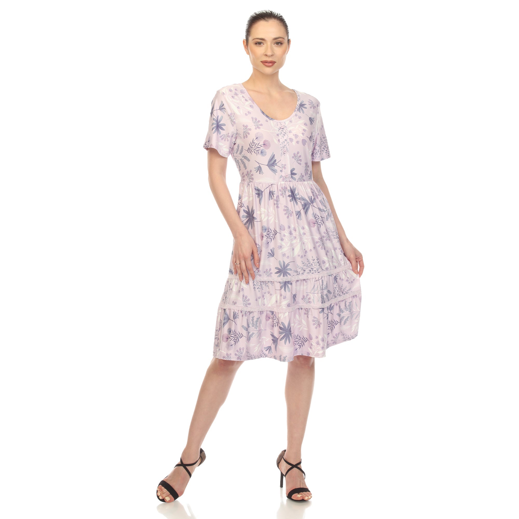 White Mark Women's Floral Short Sleeve Knee Length Dress, Beige, XL