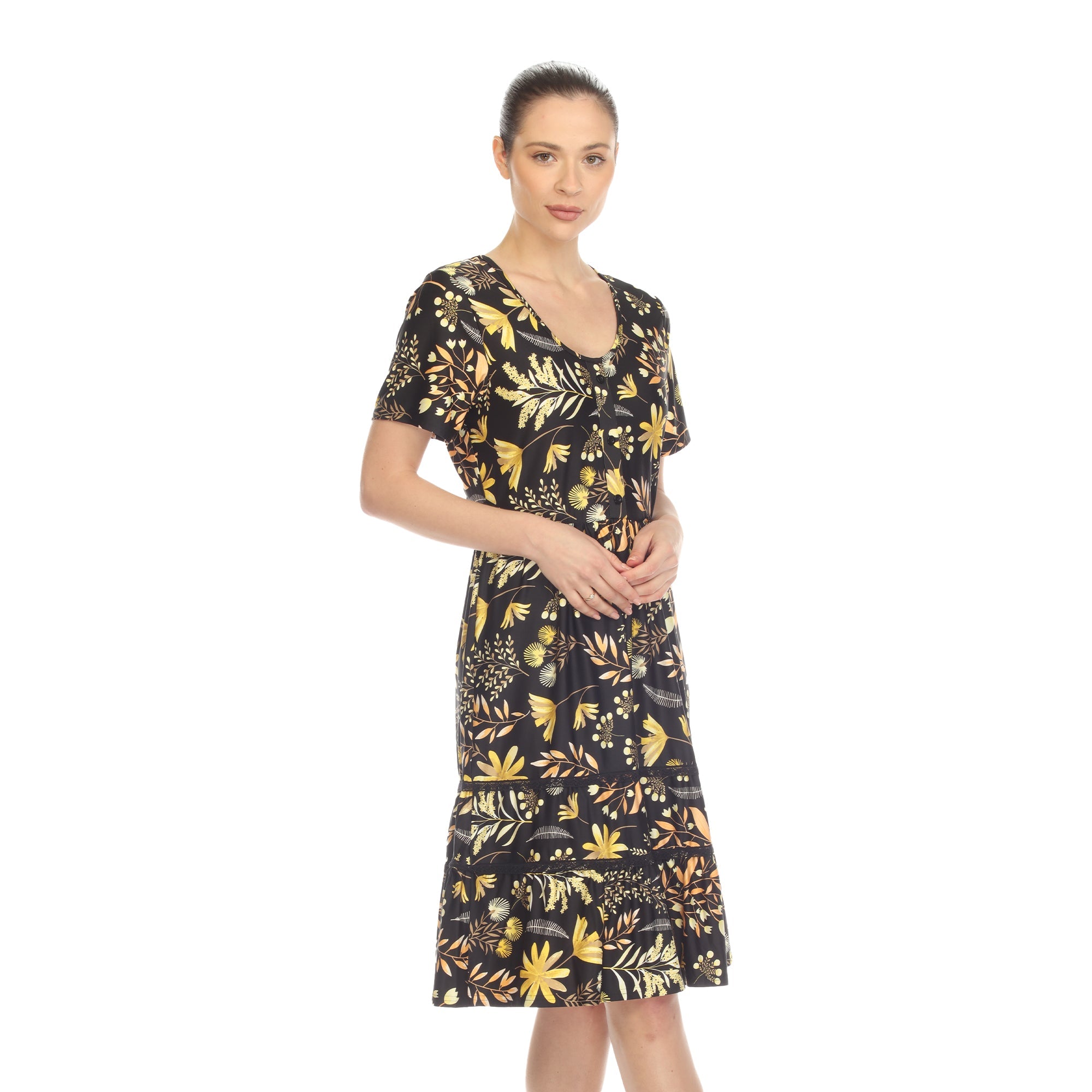 White Mark Women's Floral Short Sleeve Knee Length Dress, Blue, Large White Mark Women's Floral Short Sleeve Knee Length Dress, Blue, Large
