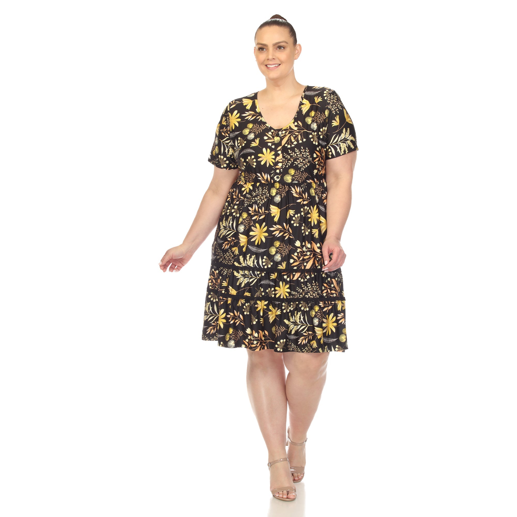 Plus Size Floral Short Sleeve Knee Length Dress Blue 1X -White Mark