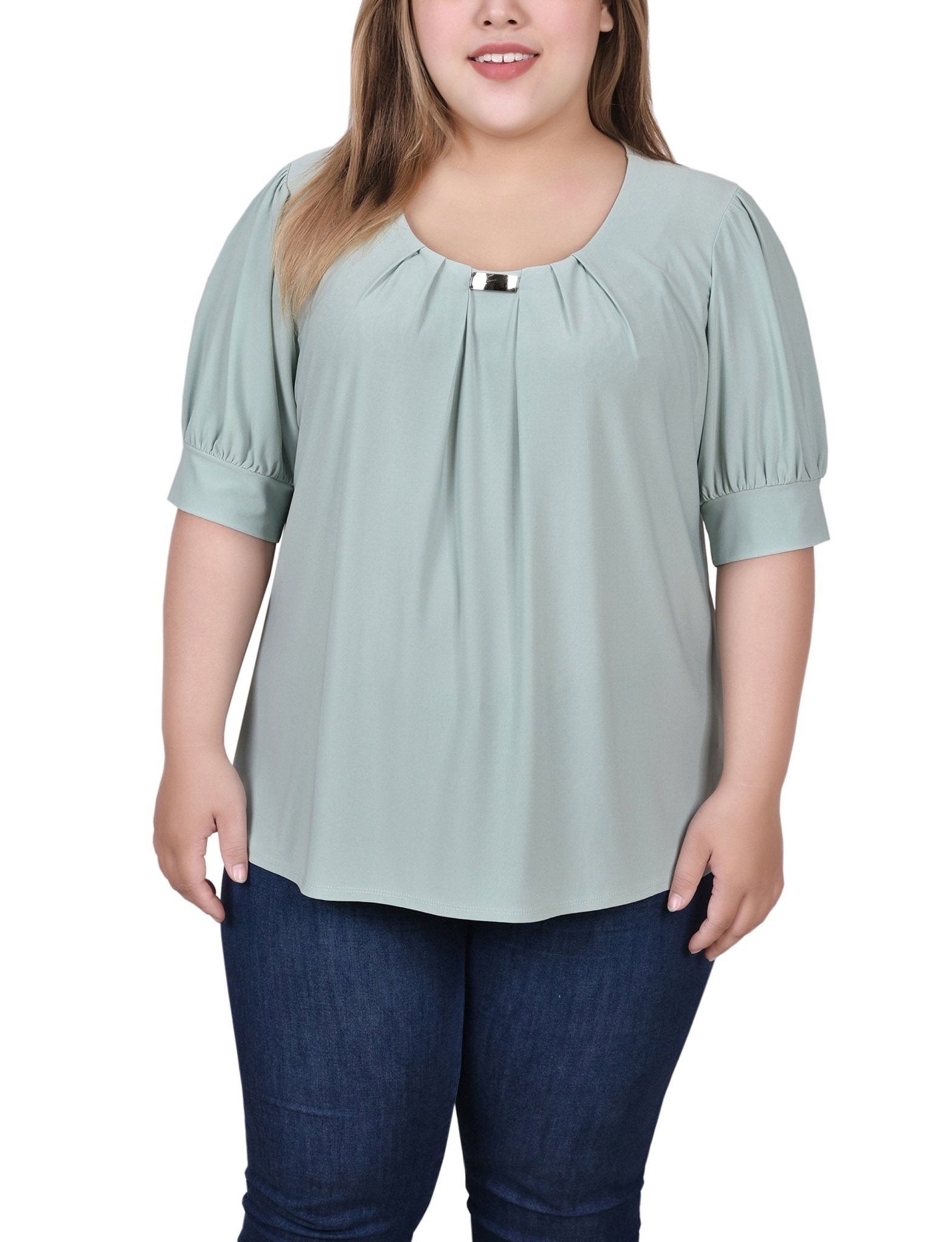 Frosty Green Short Sleeve Balloon Sleeve Top With Hardware - Plus - DressbarnBlouses