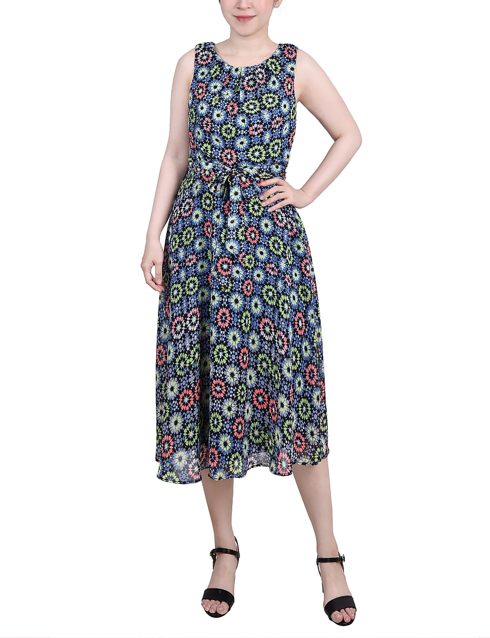 Geo Hippe Peasant Sleeveless Chiffon Belted Dress - Petite - DressbarnKnee Length & Midi Dresses