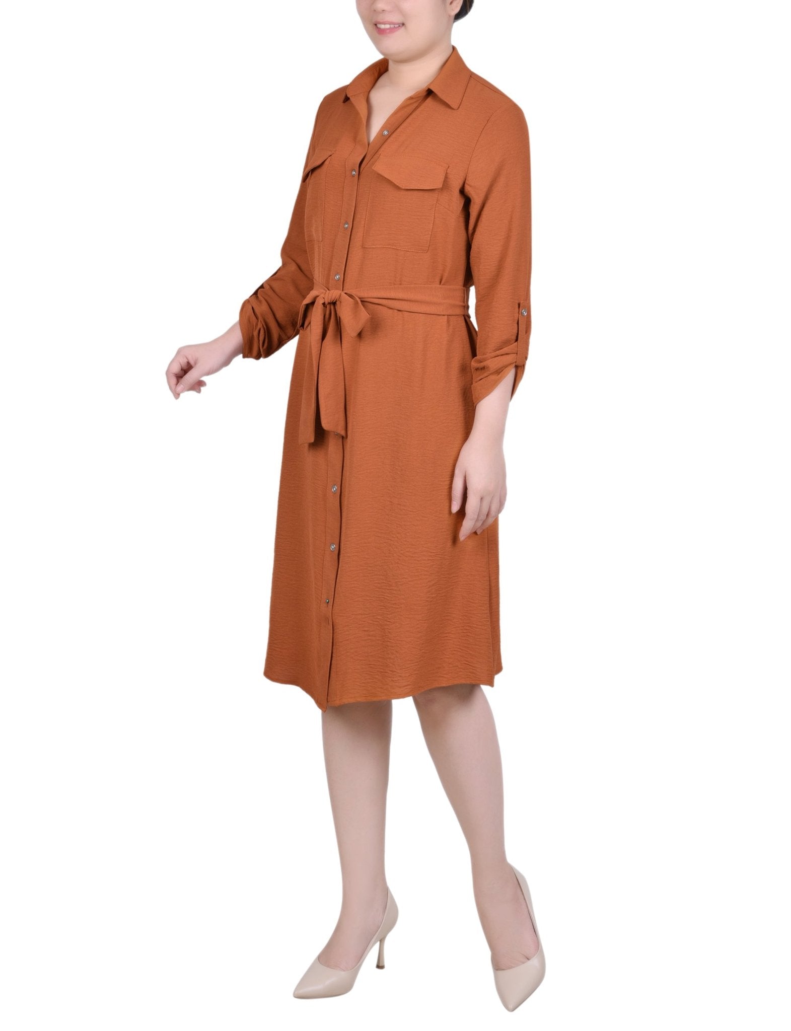 Ginger Bread Long Roll Tab Sleeve Shirtdress - DressbarnKnee Length & Midi Dresses