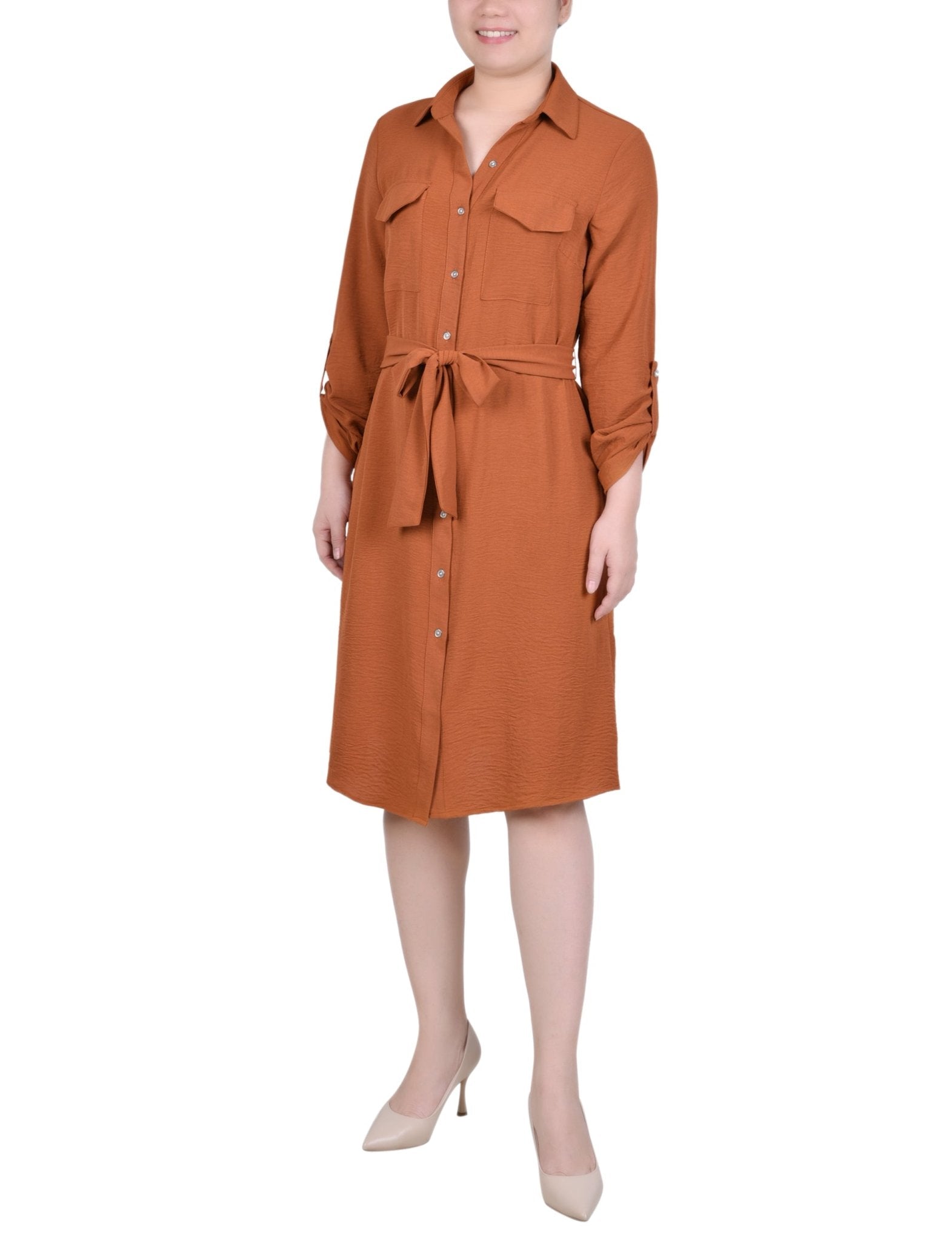 Ginger Bread Long Roll Tab Sleeve Shirtdress - DressbarnKnee Length & Midi Dresses