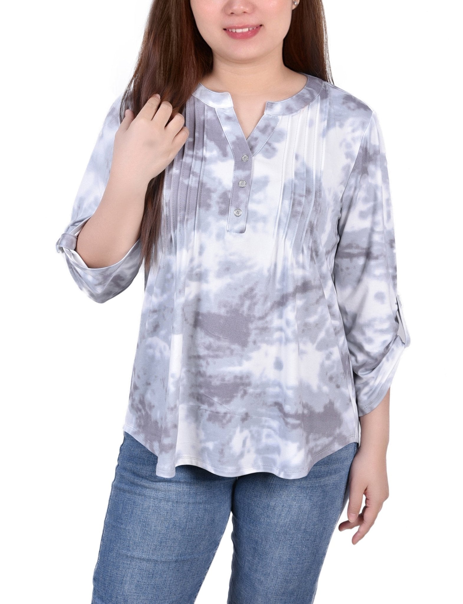 Grey Tiedye 3/4 Bell Sleeve Pleat Front Y Neck Top - DressbarnBlouses