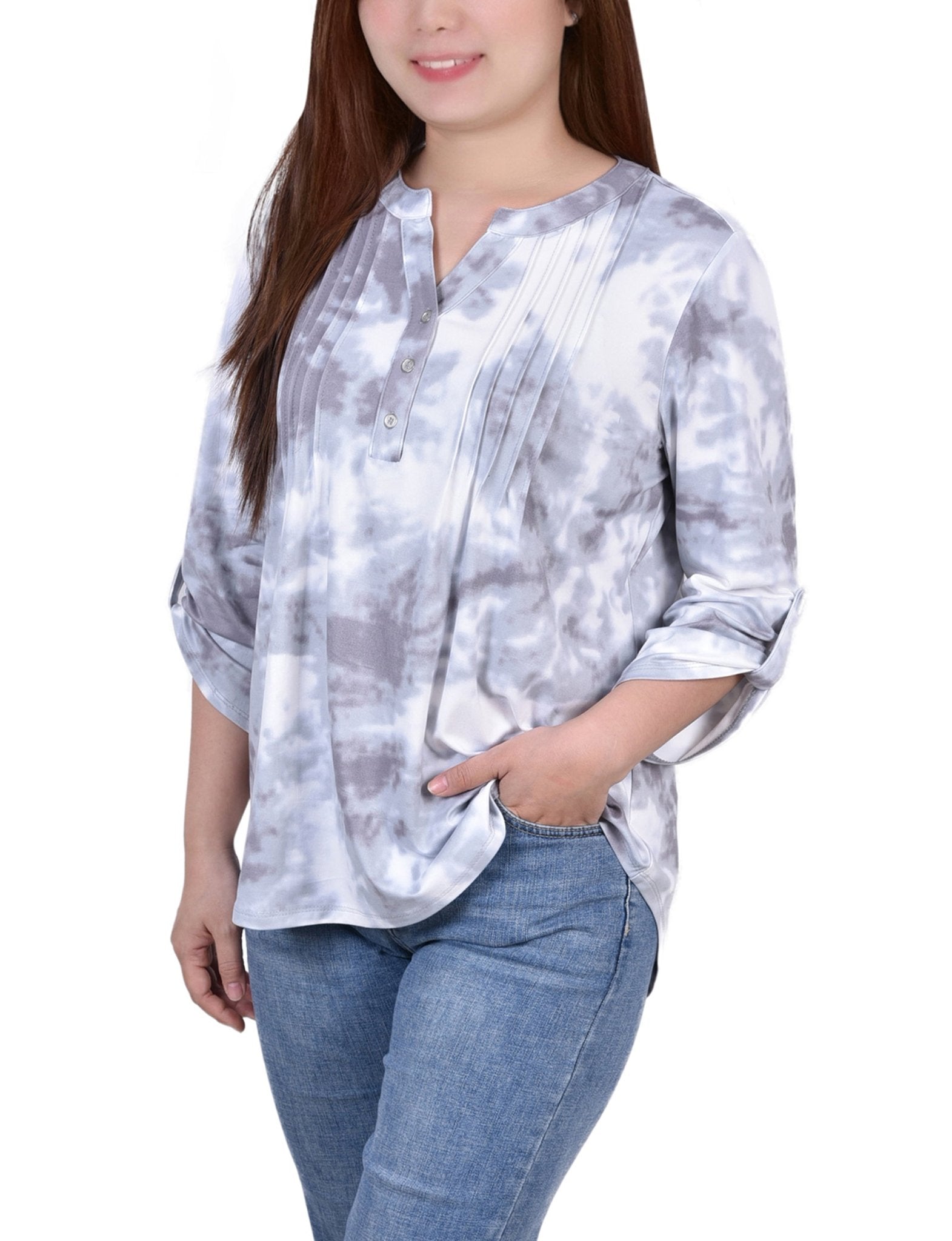 Grey Tiedye 3/4 Bell Sleeve Pleat Front Y Neck Top - DressbarnBlouses