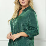 Hunter Green 3/4 Notch Sleeve Johnny Collar Button Front Shirt Top - Plus - DressbarnShirts & Blouses