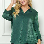 Hunter Green 3/4 Notch Sleeve Johnny Collar Button Front Shirt Top - Plus - DressbarnShirts & Blouses