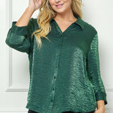 Hunter Green 3/4 Notch Sleeve Johnny Collar Button Front Shirt Top - Plus - DressbarnShirts & Blouses