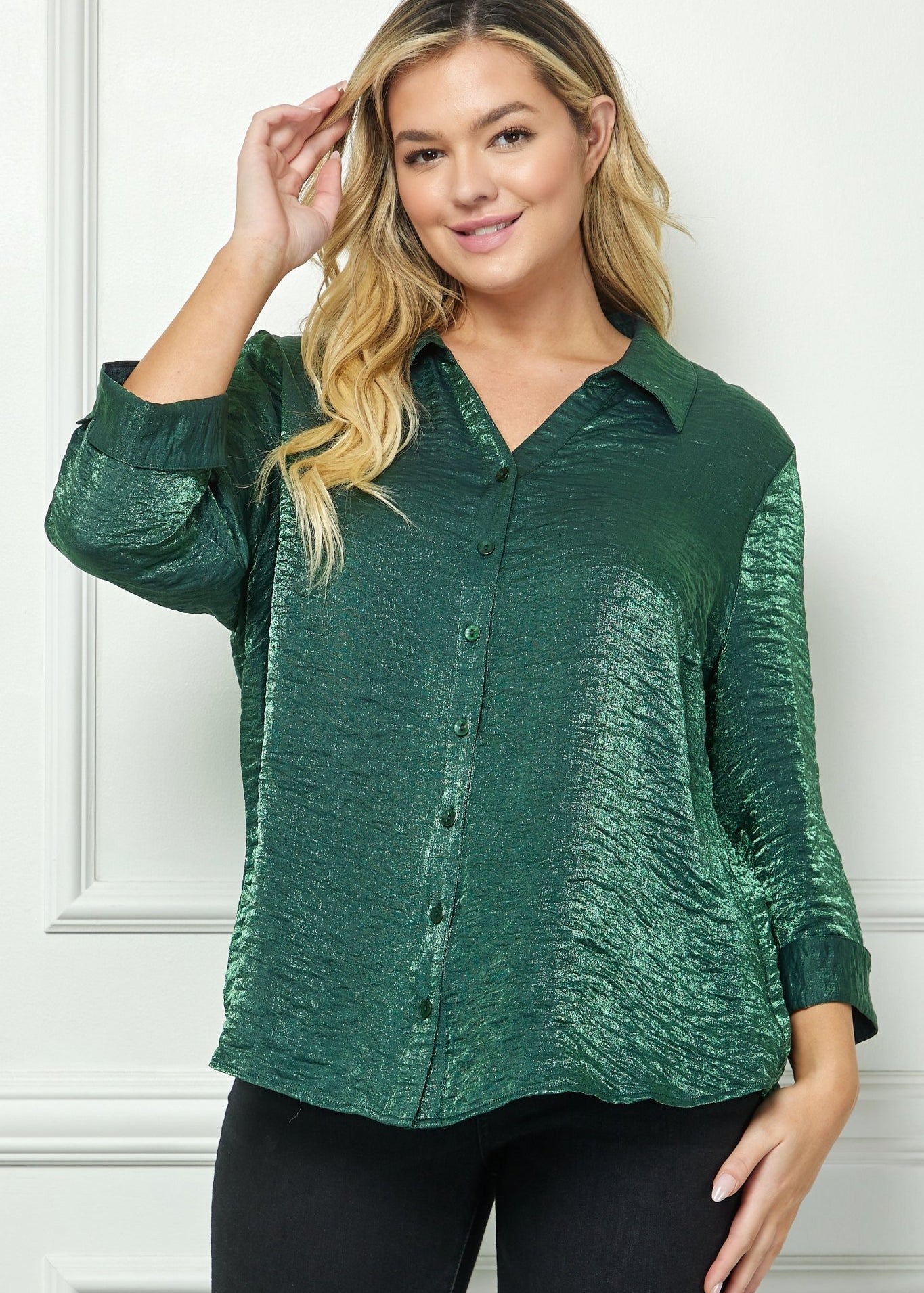 Hunter Green 3/4 Notch Sleeve Johnny Collar Button Front Shirt Top - Plus - DressbarnShirts & Blouses