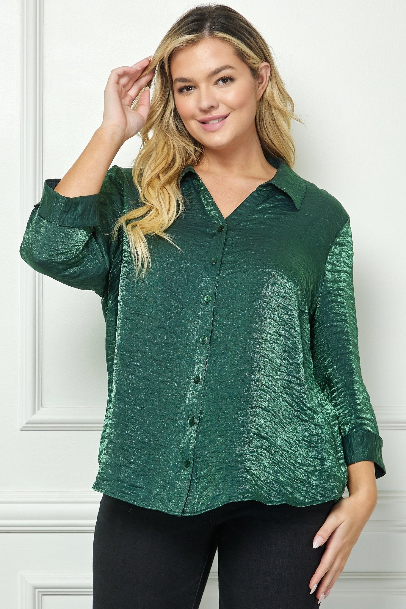 Hunter Green 3/4 Notch Sleeve Johnny Collar Button Front Shirt Top - Plus - DressbarnShirts & Blouses