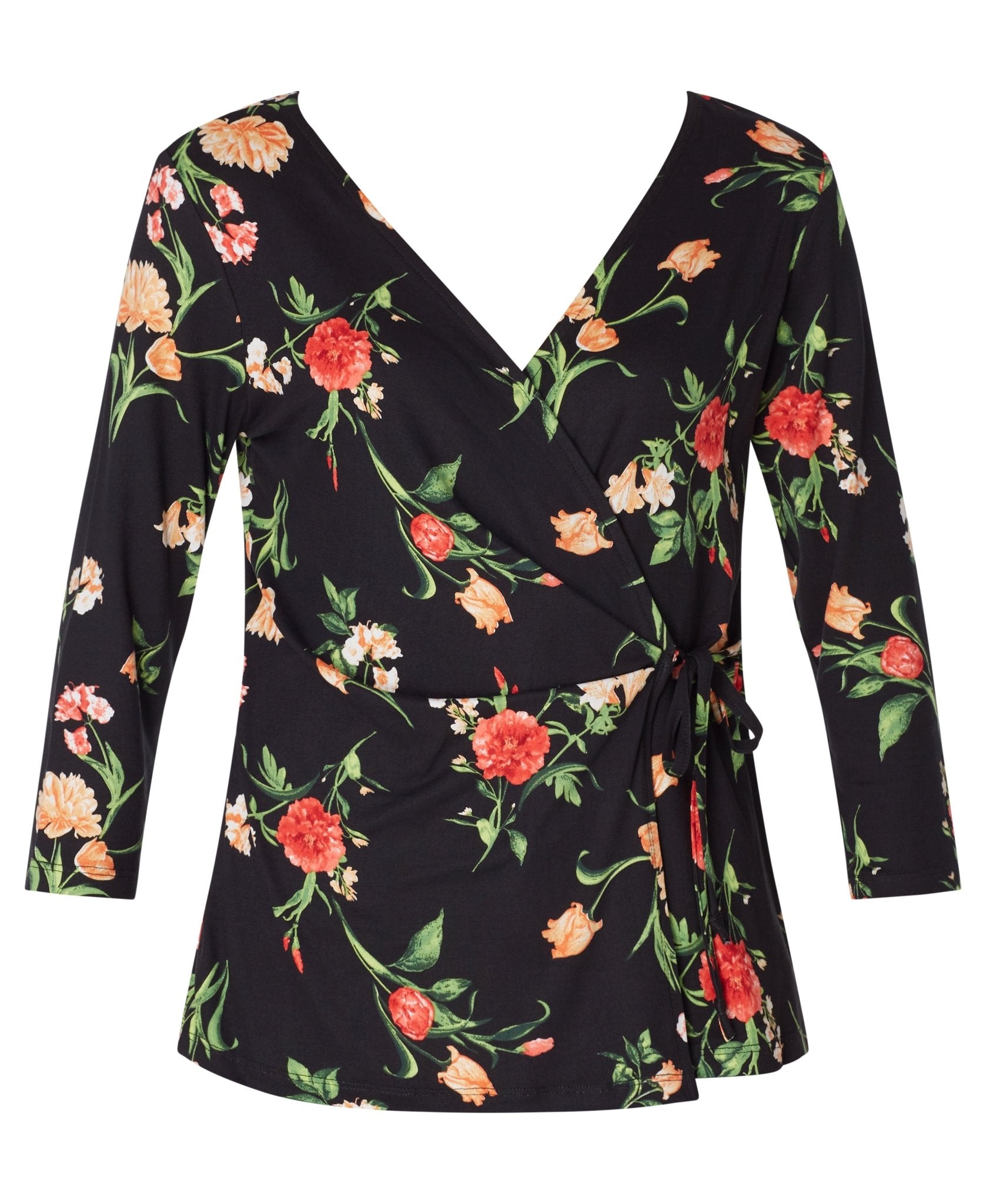 Inner Beauty 3/4 Sleeve Surplice Front V - Neck Black Floral Top - DressbarnBlouses