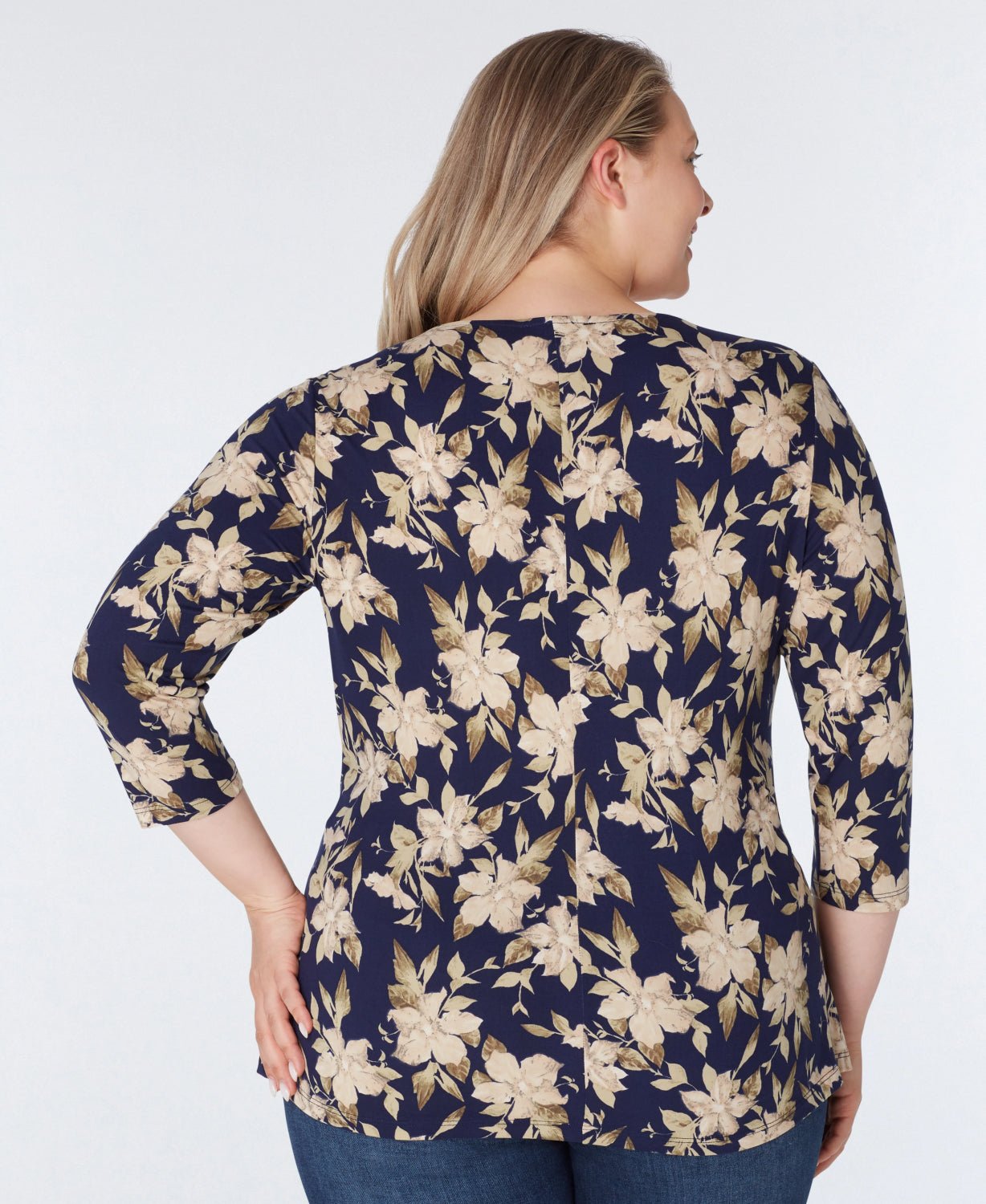 Inner Beauty Plus 3/4 Sleeve Surplice Front V-Neck Navy Floral Top - DressbarnApparel