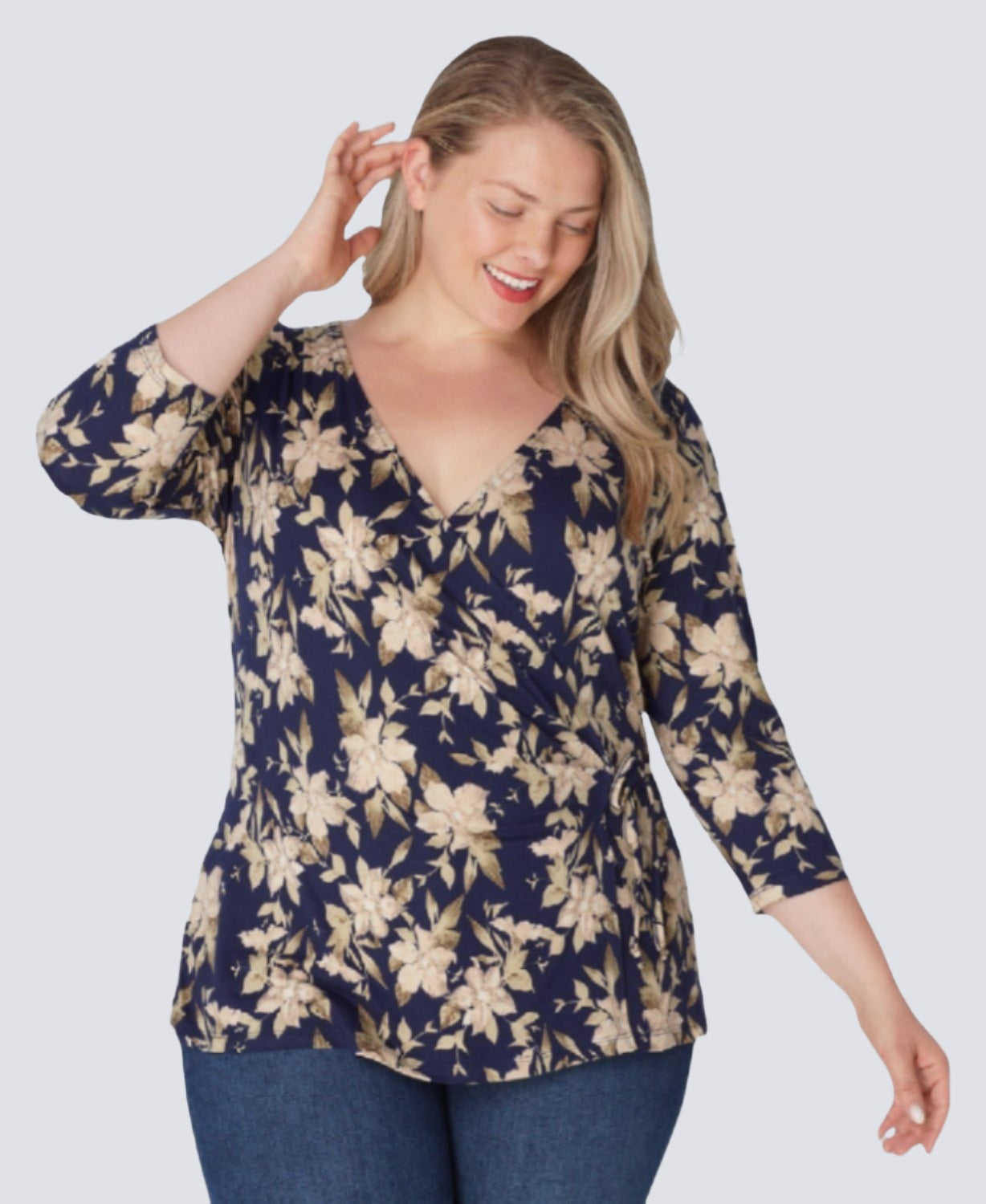 Inner Beauty Plus 3/4 Sleeve Surplice Front V-Neck Navy Floral Top - DressbarnApparel