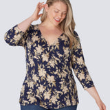 Inner Beauty Plus 3/4 Sleeve Surplice Front V-Neck Navy Floral Top - DressbarnApparel