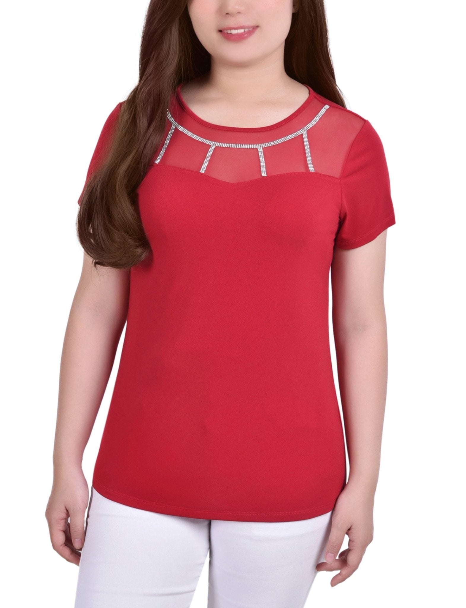 Jalapeno Red 3/4 Sleeve Blouse With Necklace - Petite - DressbarnBlouses