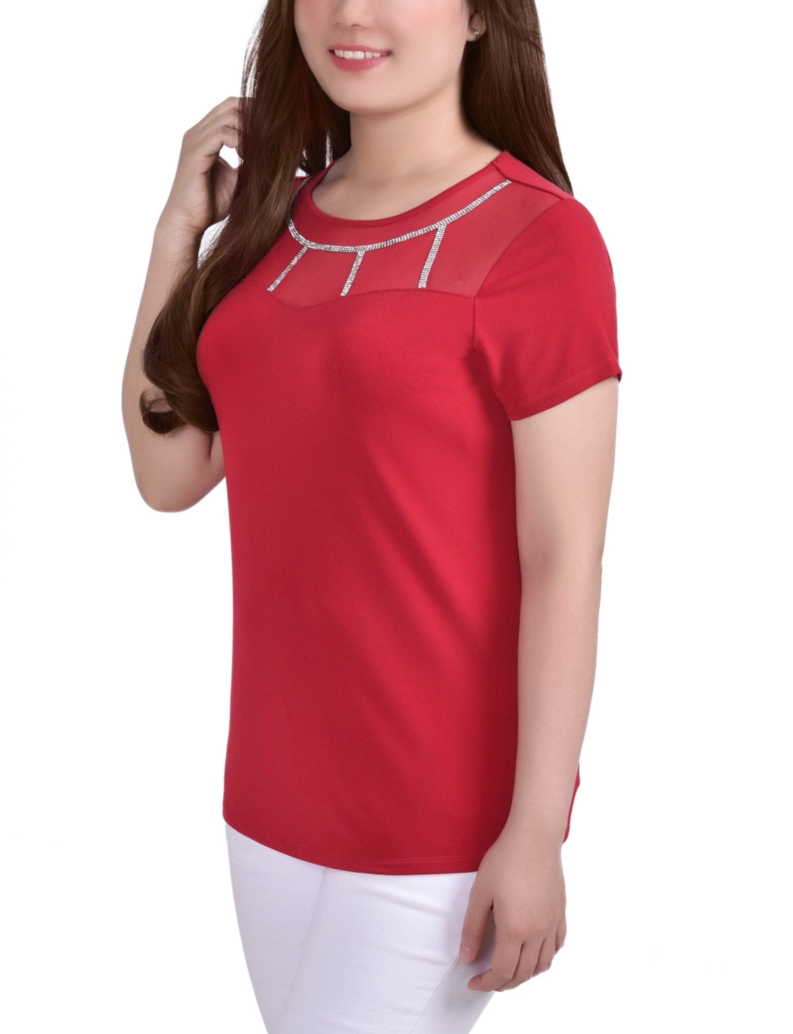 Jalapeno Red 3/4 Sleeve Blouse With Necklace - Petite - DressbarnBlouses