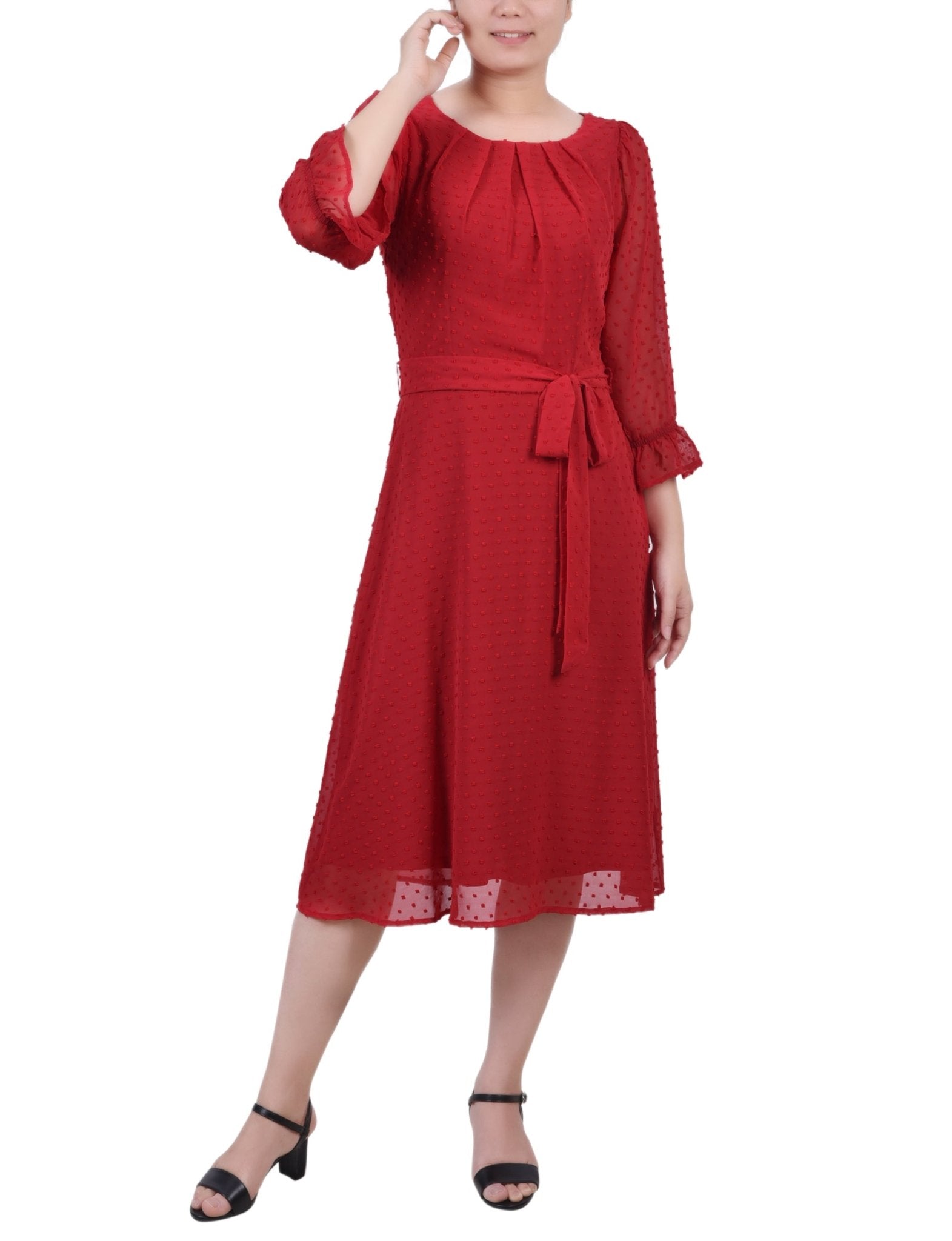 Jester Red 3/4 Length Pearl Detail Dress - DressbarnKnee Length & Midi Dresses