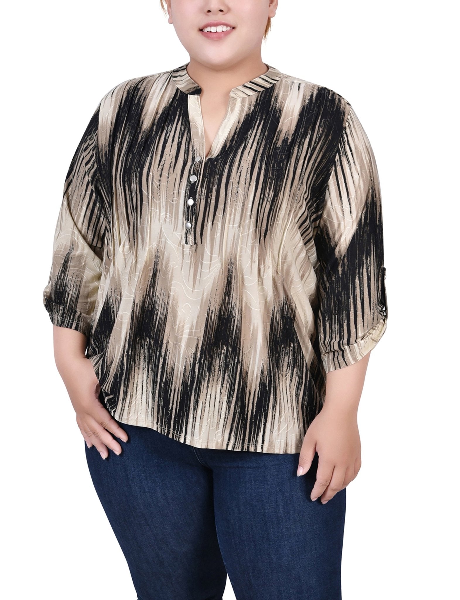Khaki Chervon 3/4 Sleeve Roll Tab Y Neck Top - Plus - DressbarnBlouses