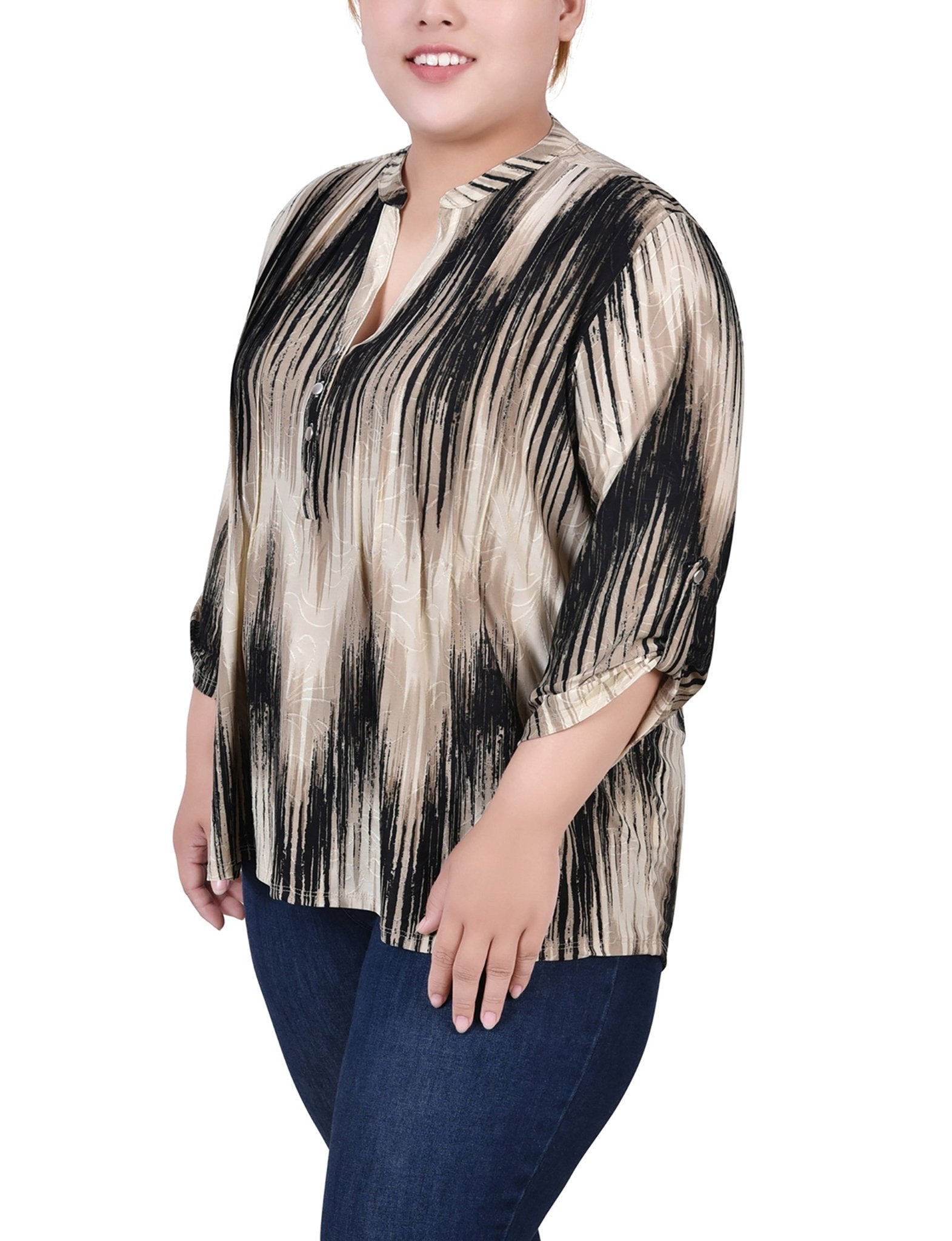 Khaki Chervon 3/4 Sleeve Roll Tab Y Neck Top - Plus - DressbarnBlouses
