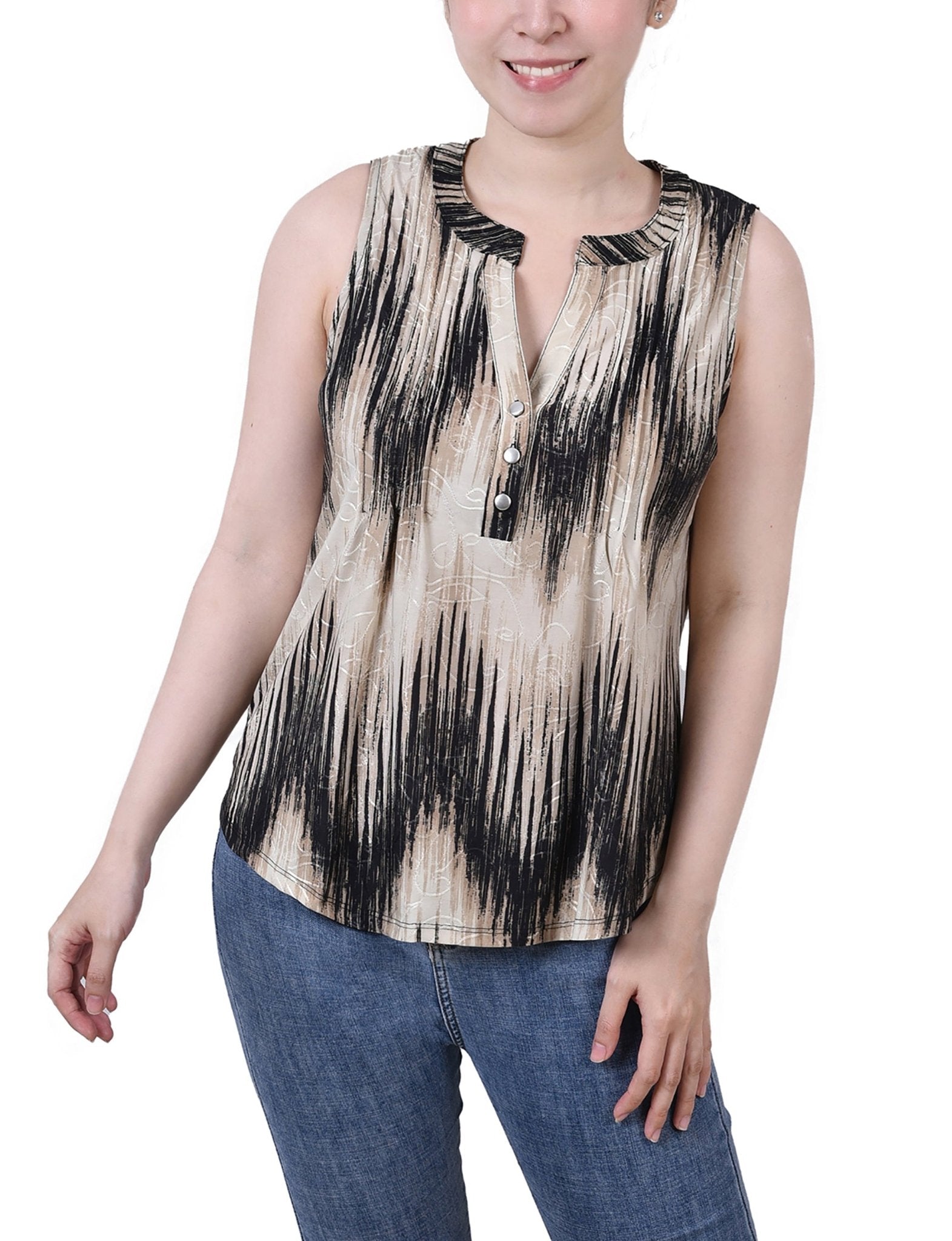 Khaki Ligia Sleeveless Jacquard Y Neck Top - Petite - DressbarnBlouses