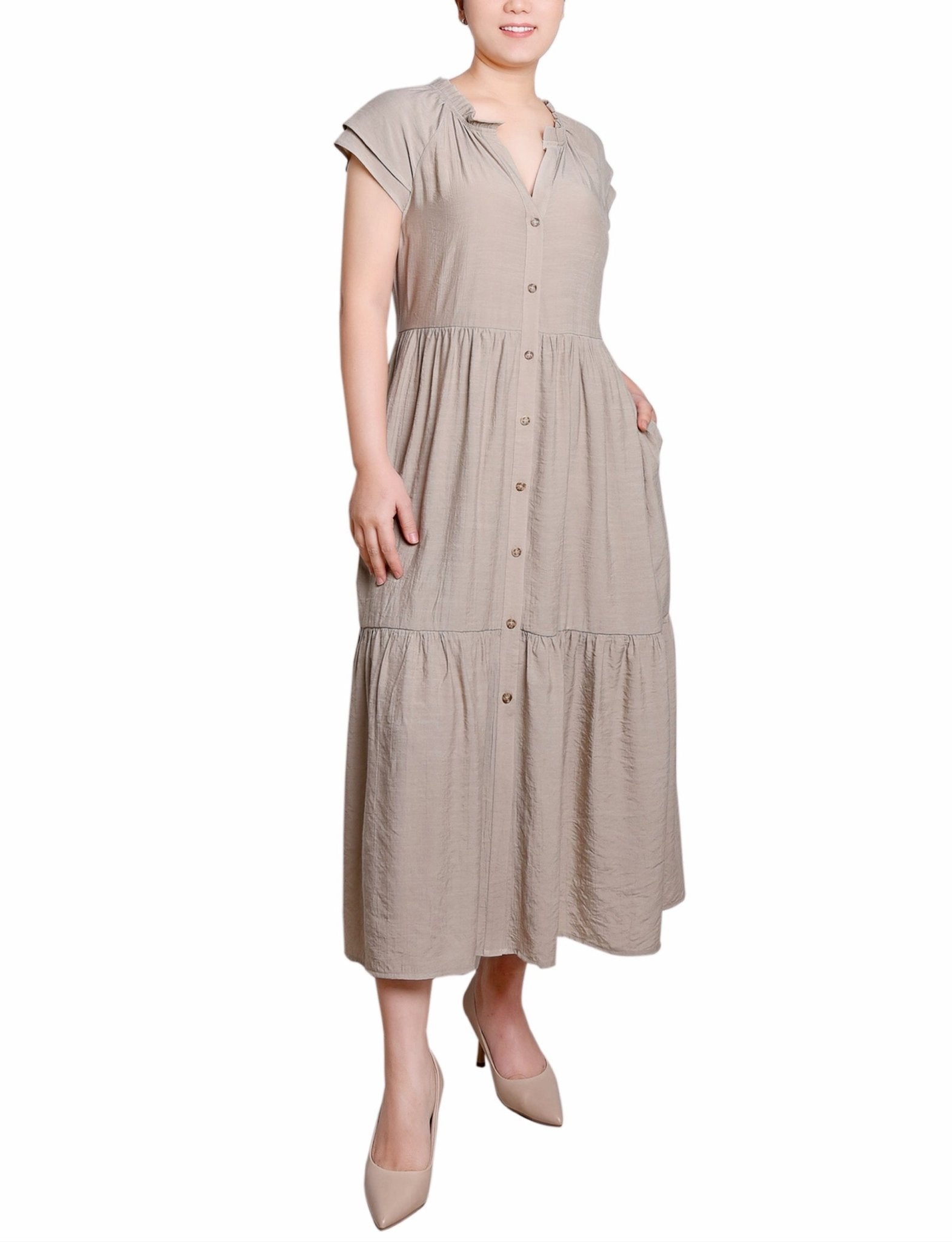 Khaki Short Sleeve Slubbed Midi Dress - DressbarnKnee Length & Midi Dresses