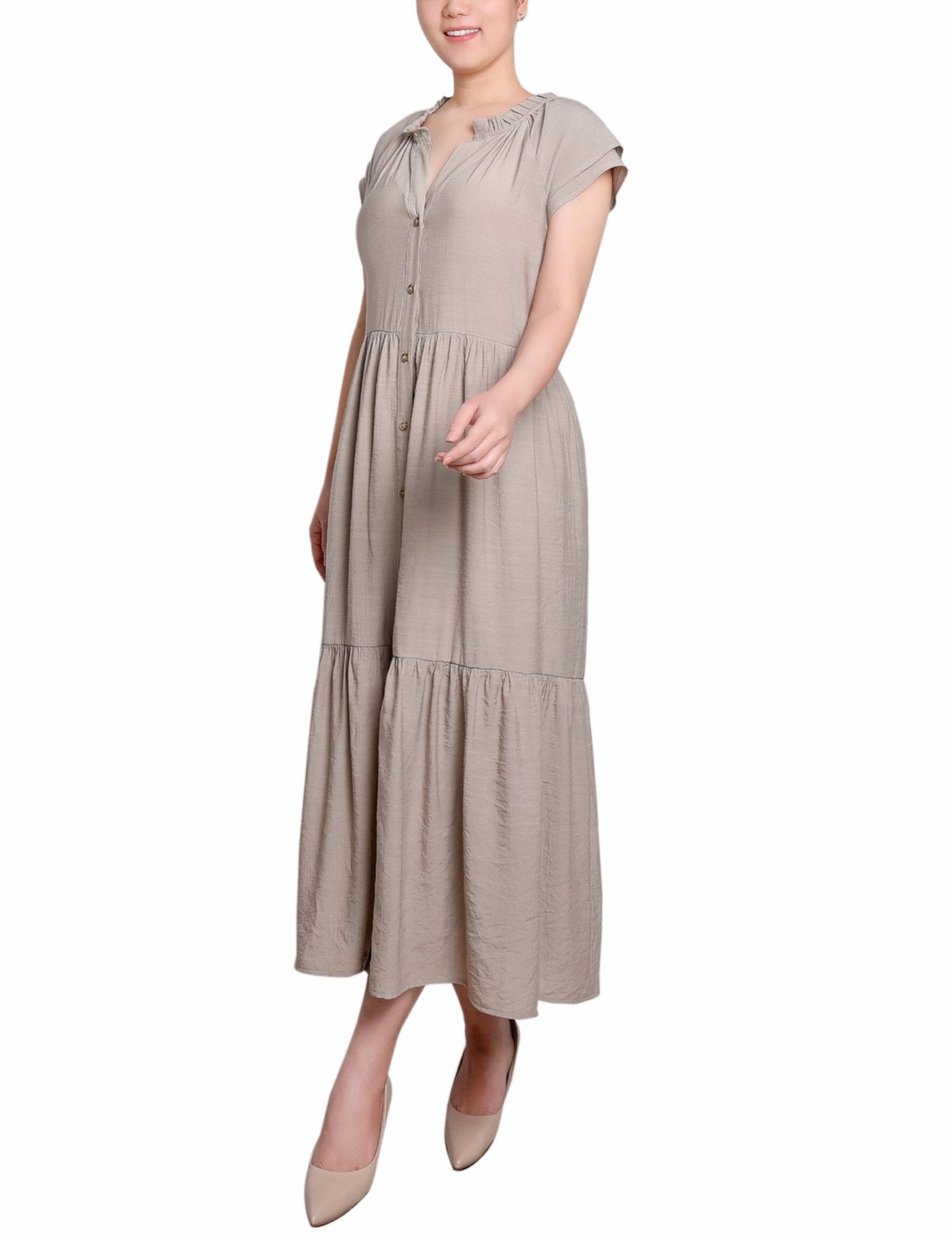 Khaki Short Sleeve Slubbed Midi Dress - DressbarnKnee Length & Midi Dresses