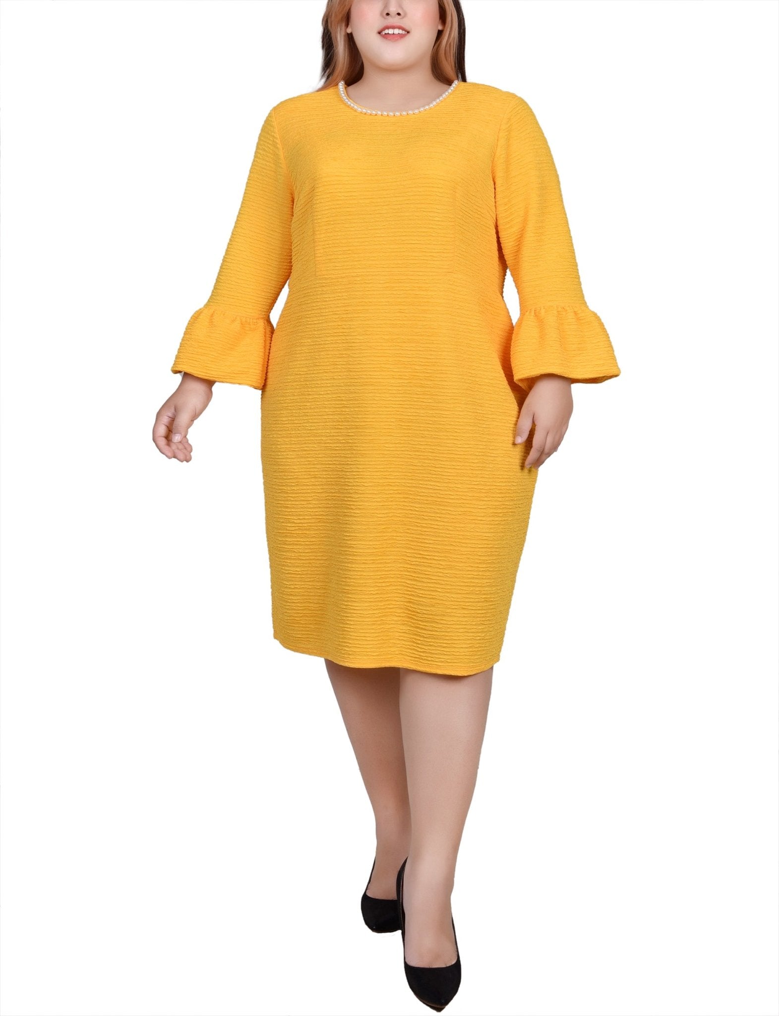 Lemon 3/4 Length Pearl Detail Dress - Plus - DressbarnKnee Length & Midi Dresses